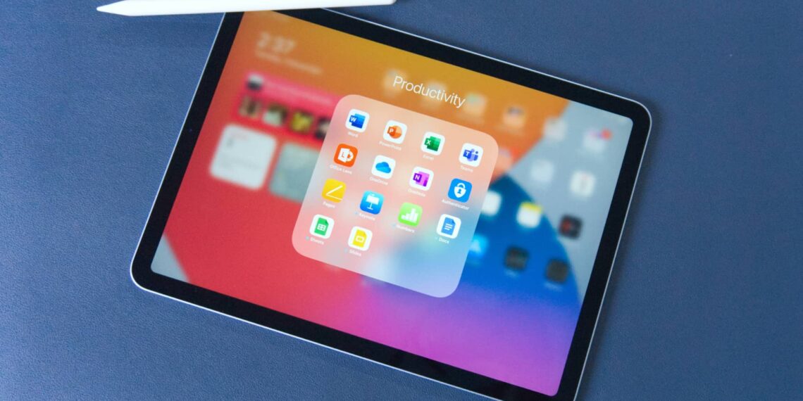 Apple-iPad-Air-Fourth-Generation-Model-Year-2020-Productivty-Apps-Folder-Apple-Pencil-Blue-Deskpad